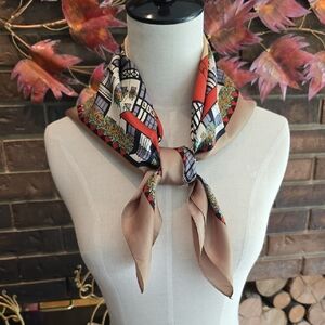 Liberty of London - Vibrant Red and Tan Vintage Silk Scarf with Streetscape